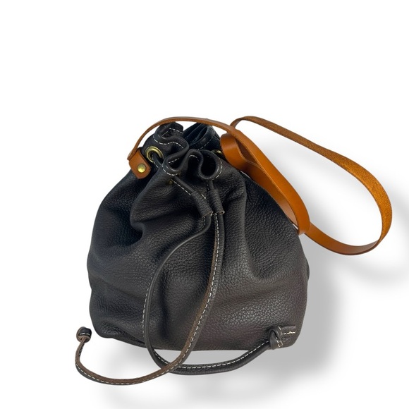 Handbags - Leather bucket draw string bag, gray and brown, nubuck